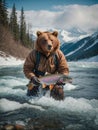 AI generated illustration of a grizzly bear hunting salmon in a river Royalty Free Stock Photo