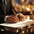 AI generated illustration of a groom in a suit signing marriage papers with a golden pen Royalty Free Stock Photo