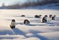 AI generated illustration of a group of adorable penguins standing together in a snowy landscape