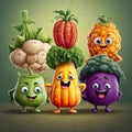 AI generated illustration of a group of assorted vegetables featuring comical cartoon-style faces