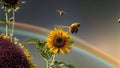 AI generated illustration of a group of bees flying near vibrant flowers and a colorful rainbow