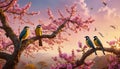 AI generated illustration of a Group of birds perched on a tree branch