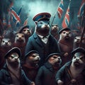 AI generated illustration of a group of cartoon otters dressed in military uniforms