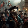 AI generated illustration of a group of cartoon otters dressed in military uniforms