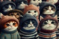 AI-generated illustration of a group of cats in hats and sweaters.