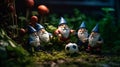 AI generated illustration of a group of cheerful garden gnomes in a lush garden