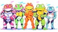 AI generated illustration of a group of colorful cartoon frog superhero characters