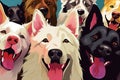 AI generated illustration of a group of colorful dogs of various breeds smiling