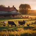 AI generated illustration of a group of cows grazing in a lush green field near a wooden fence Royalty Free Stock Photo