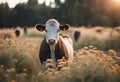 some cows are standing in tall grass at dusk together and looking forward Royalty Free Stock Photo