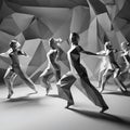 AI generated illustration of a group of dancers in motion, high contrast, black & white