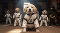 AI generated illustration of a group of dogs in karate uniforms