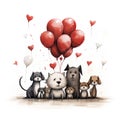 AI generated illustration of a group of dogs sitting together as colorful balloons Royalty Free Stock Photo