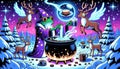 frogs and deers are gathered together in a festive room as they mix together a special potion