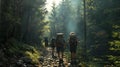 there are many hikers that walk down the trail in the woods Royalty Free Stock Photo