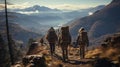 AI generated illustration of a group of hikers walking up a winding trail surrounded by mountains