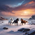 AI generated illustration of a group of horses running in the snow at the edge of a rocky landscape Royalty Free Stock Photo