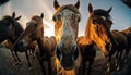 AI generated illustration of a group of horses standing in a circle looking at the camera