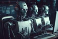 AI generated illustration of a group of humanoid robots seated around a desk, working with computers
