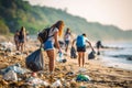 AI generated illustration of a group of individuals picking up debris from a beachfront