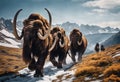 AI generated illustration of a group of mammoths traversing a snowy incline