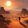 AI generated illustration of a group of men walking down a sun-drenched desert road