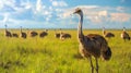 several ostriches walking around in a large grassy field