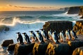 AI generated illustration of a group of penguins perched on a rocky outcrop