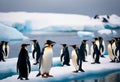 AI generated illustration of a group of penguins stand on a large iceberg