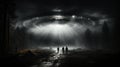 AI generated illustration of a group of people under a large unidentified flying object in the sky Royalty Free Stock Photo
