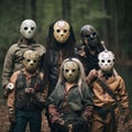 a group of people dressed in halloween masks holding guns and standing in the forest Royalty Free Stock Photo