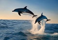 AI generated illustration of a group of playful dolphins leaping out of a crystal-clear sea