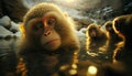 AI generated illustration of a group primates gathered in a lake near a rocky terrain