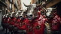 AI generated illustration of a group of robotic bulls in red vests in the street