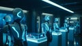 AI generated illustration of a group of robotic figures lined up in a high-tech laboratory