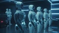 AI generated illustration of a group of robotic figures lined up in a high-tech laboratory
