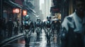 AI generated illustration of A group of robotic figures walking in unison down a wet city street