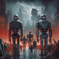 AI generated illustration of A group of robots in a bustling city skyline