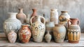 a group of small vases on a table with a gray wall Royalty Free Stock Photo