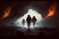 AI generated illustration of A group of soldiers walking down a hill with a smoky background