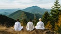 AI generated illustration of a group of three people atop a mountain, wearing meditation clothing