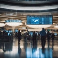 AI generated illustration of A group of travelers walking through an airport terminal Royalty Free Stock Photo
