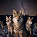 AI generated illustration of a group of wolves, with an illuminated night sky in the background Royalty Free Stock Photo
