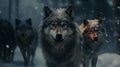 AI generated illustration of a group of wolves walking in a snowy forest Royalty Free Stock Photo
