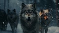 AI generated illustration of a group of wolves walking in a snowy forest