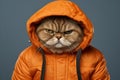 AI-generated illustration of a grumpy Persian cat wearing an orange down jacket