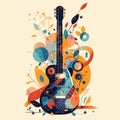 AI generated illustration of a guitar with music notes and flowers on beige background Royalty Free Stock Photo