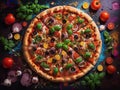 AI generated illustration of A half-eaten pizza on a table, surrounded by various food ingredients