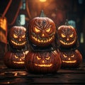 AI-generated illustration of half-metallic carved pumpkins lined up on a stone floor