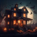 AI generated illustration of a Halloween haunted house with pumpkins and bats flying overhead Royalty Free Stock Photo